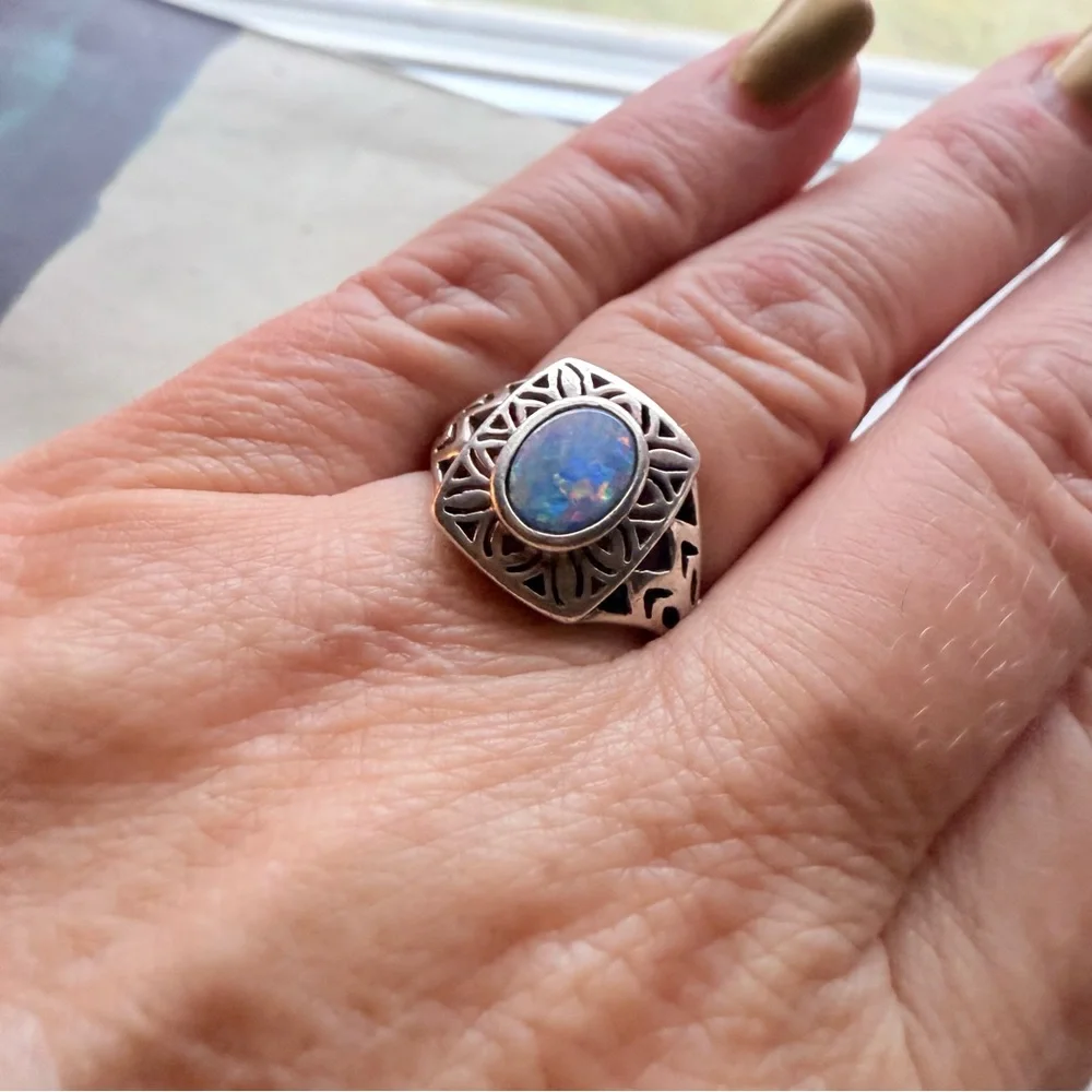 🌟 Sterling Silver Filigree Opal Ring – Size 5 🌟 - Picture 6 of 17